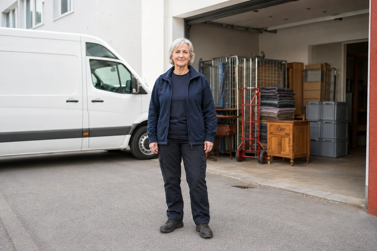 Erfahrene Inhaberin vor einem hellen Wiener Entrümpelungsdepot mit neutralem Kastenwagen und Transportausstattung