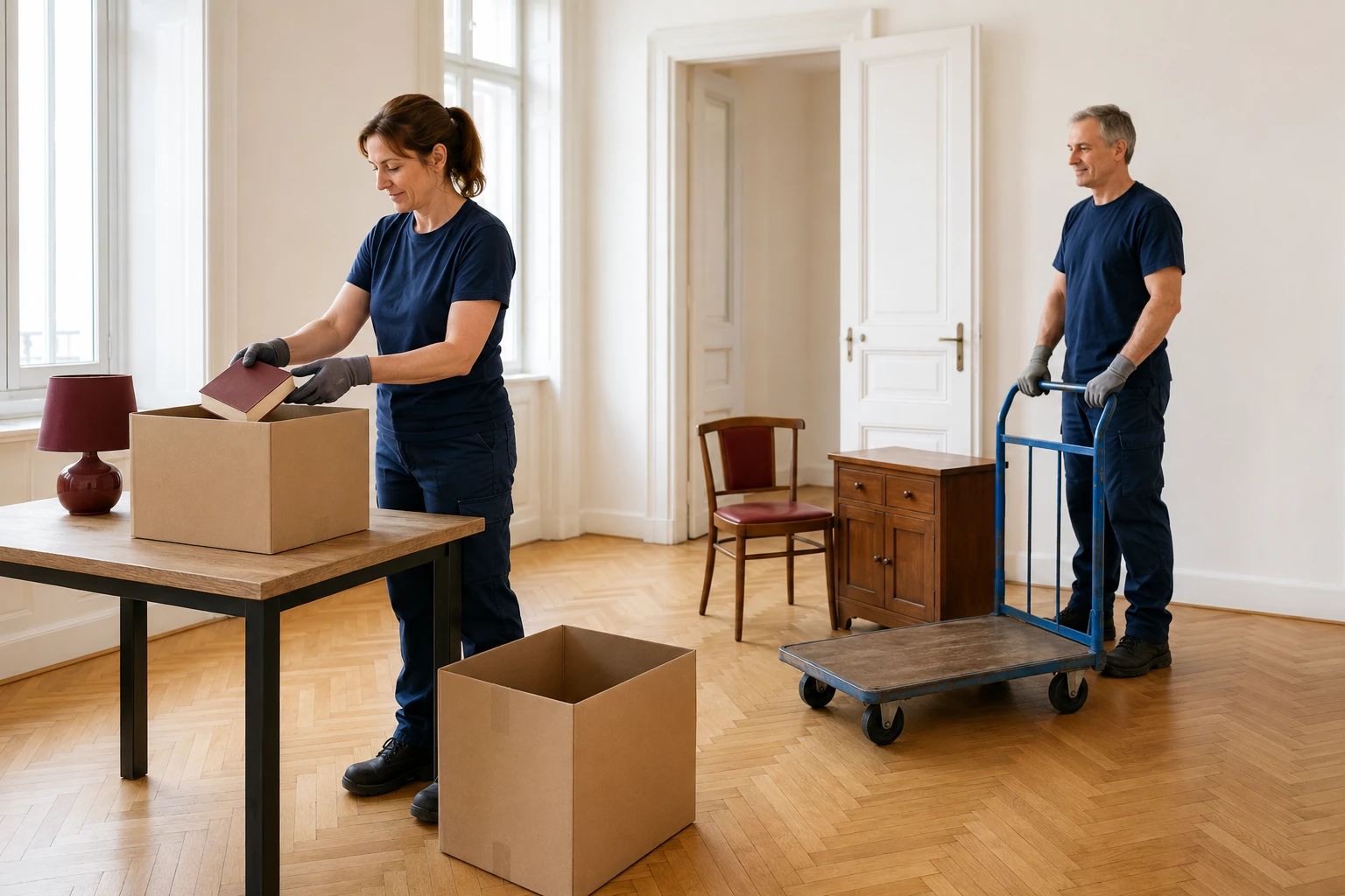 Zwei Fachkräfte sortieren in einer hellen Wiener Altbauwohnung Haushaltsgegenstände in neutrale Transportkisten